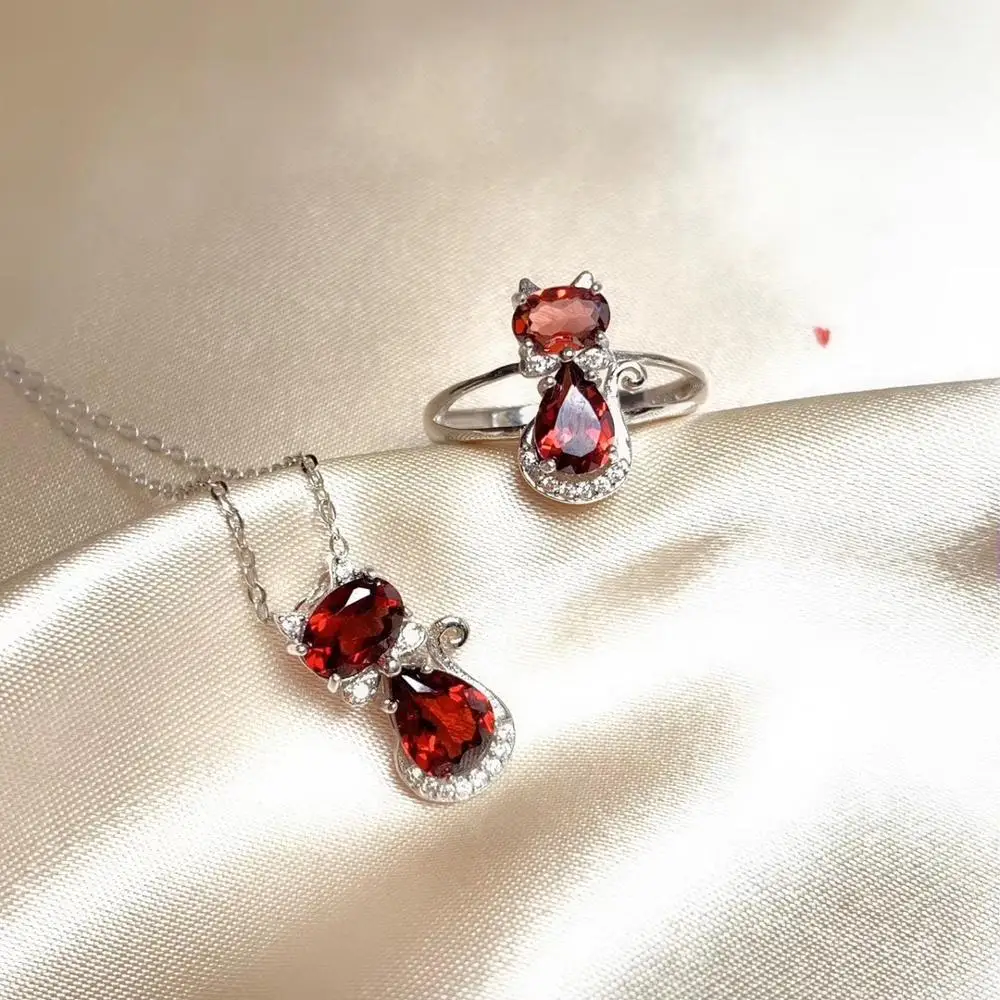 

Natural red garnet stone jewelry sets natural gemstone ring Pendant S925 silver Elegant Lovely Kitty girl party gift jewelry