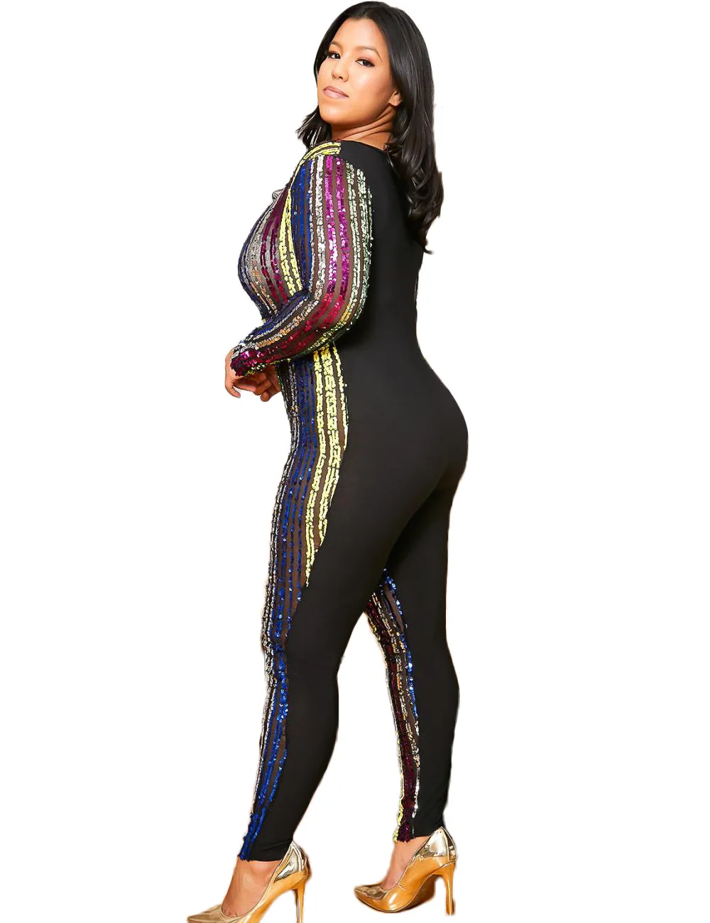 

New Arrivals Women Sexy Nightclub Wear Sequins Jumpsuits Plus Size Lady's Deep V-neck Full Sleeve Skinny Rompers 2020 Autumn Hot