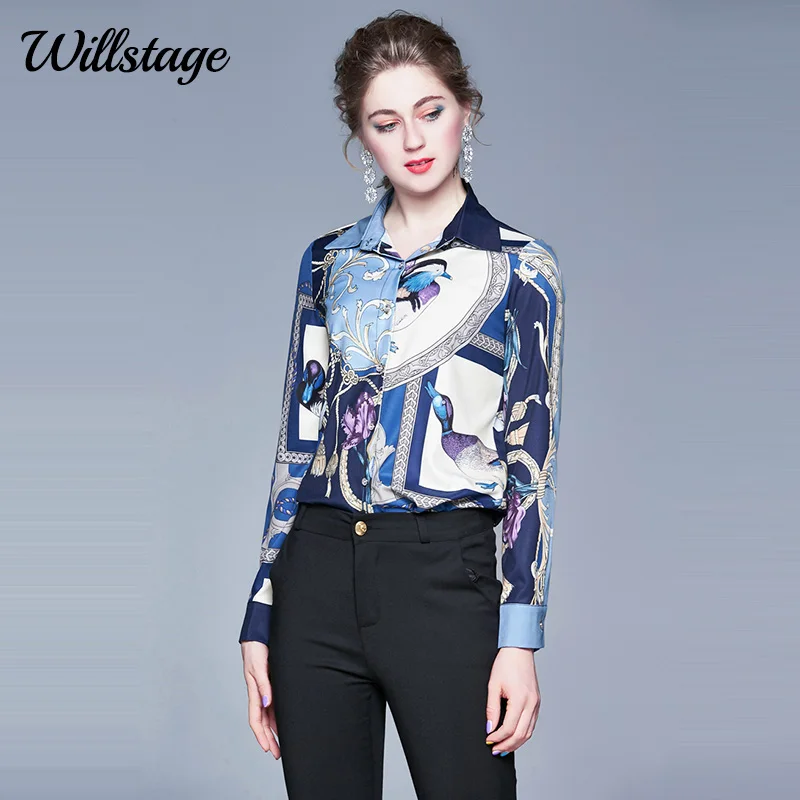 

Willstage Women Shirts long sleeve blue pattern printed shirt button Elegant Blouse 2020 Spring Autumn Tops office ladies wear