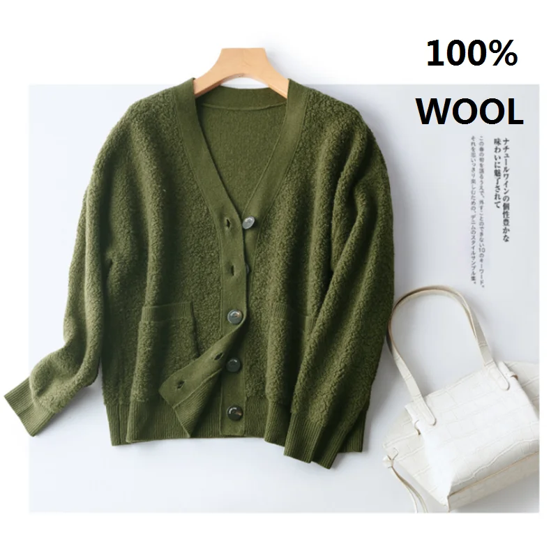 

Толстый зеленый свитер, женский кардиган на пуговицах, бархатный пушистый жакет в стиле ретро, топы с карманами, женская одежда, свитеры ове...