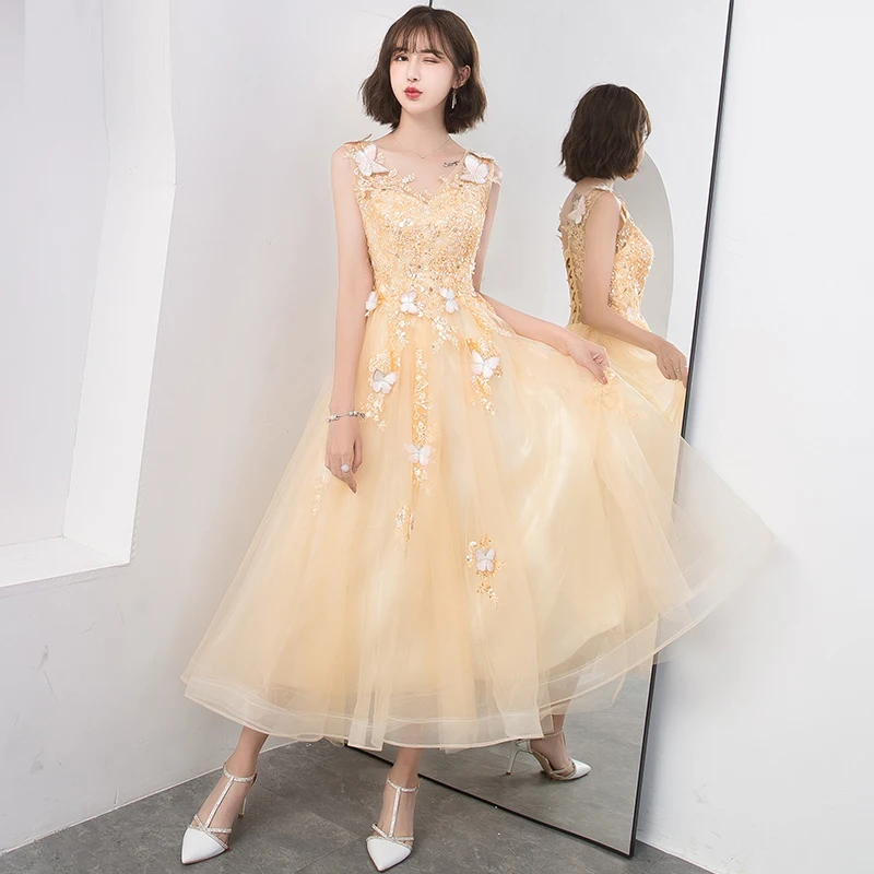 

Elegant Ankle-length Gold Tulle Prom Dresses 2020 V-neck Shoulder Straps Sleeveless Appliques Long Women Birthday Party Dresse