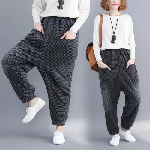 

Large Size Striped Loose Pantalones Mujer Cintura Alta Casual Harem Pants Fashion Liuterary Womens Clothing Black Pants Women