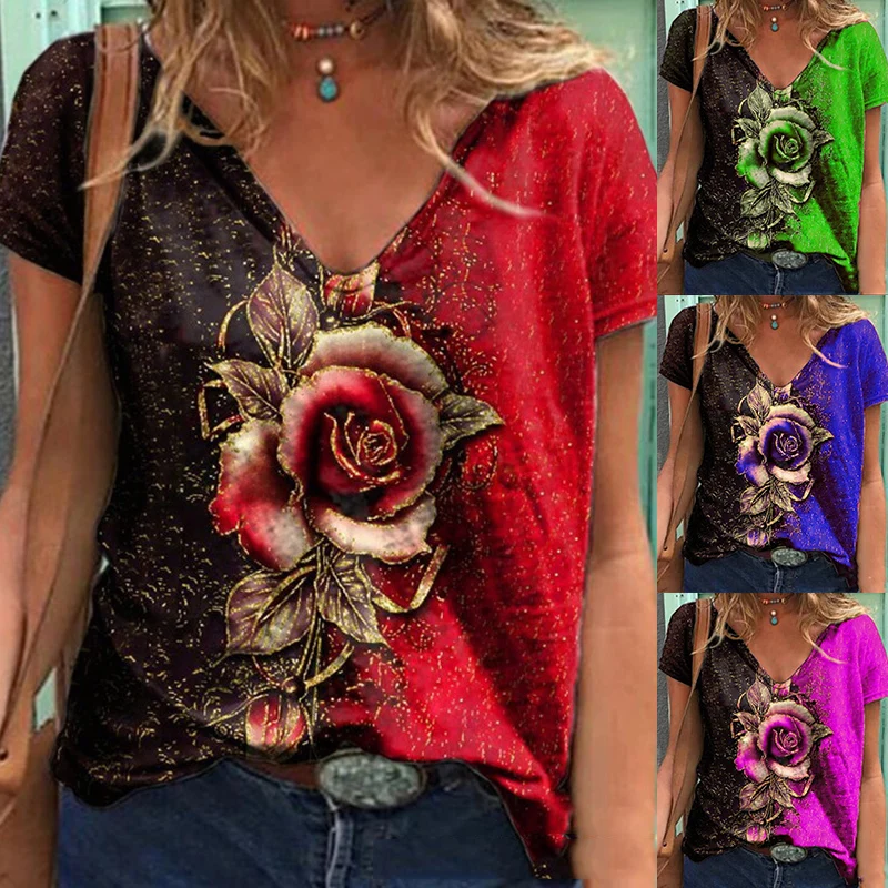 

Summer Women V Neck Floral Printed Short Sleeve Shirt Top Casual Loose Pullover Plus Size Tshirt Ladies Clothing Streewear