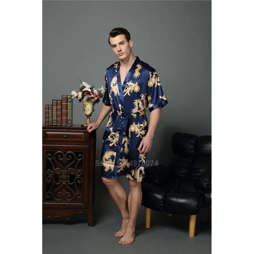 Мужское кимоно кардиган пижама с драконом Женская атласная шелковая Домашняя