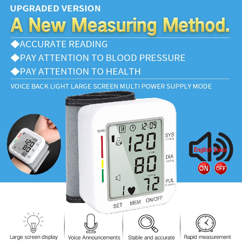 

Wrist Medical Equipment Sphygmomanometer Heart Rate Pulse Blood Pressure Voice Broadcast Sphygmomanometer