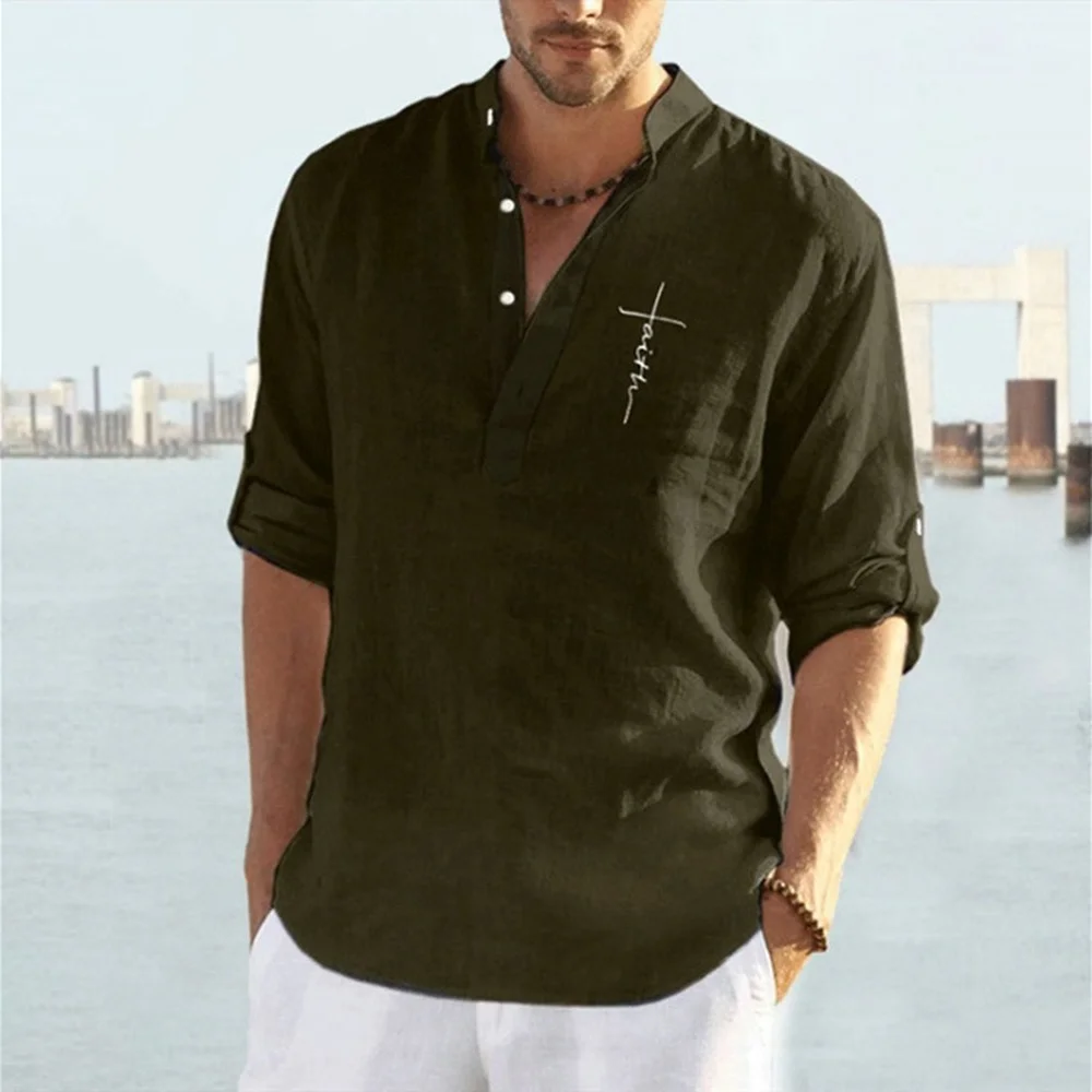 New solid color cotton and linen loose long-sleeved shirt fashion stand-up collar men's casual shirt