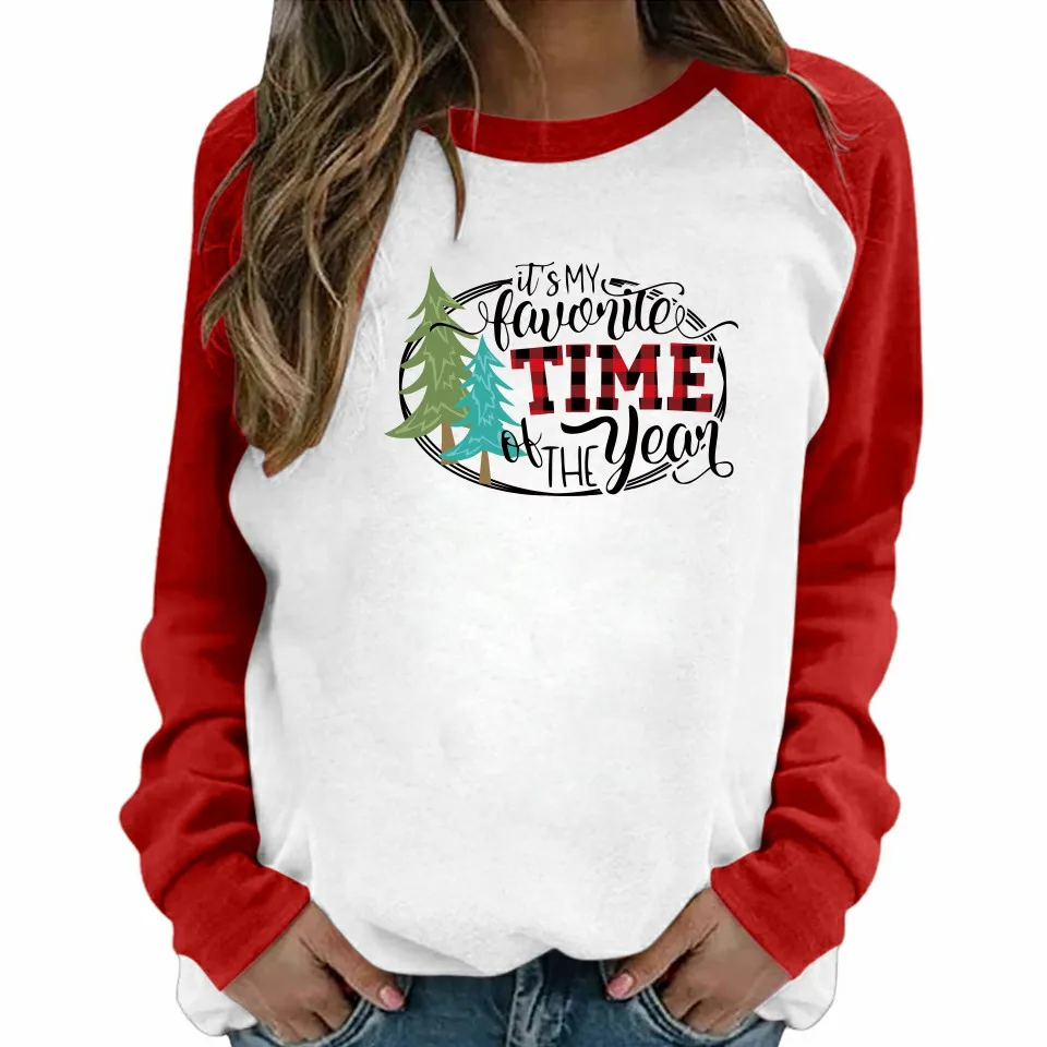 

Christmas Tree Raglan Long Sleeve Leopard Print New Year's Plaid Tshirt Funny Printed Harajuku Holiday Streetwear Women Top