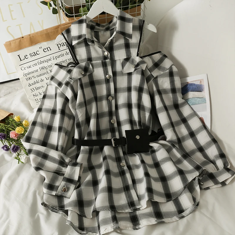 

Women's Korean-Style Lapel off-the-Shoulder Long-Sleeved Plaid Outer Shirt 2021 New High Waist Lace-up Single-Breasted Cardigan