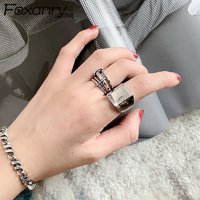 

Кольца Foxanry в минималистичном стиле женские, ширина колец из стерлингового серебра 925 пробы с гладким геометрическим узором в вечерние ле па...