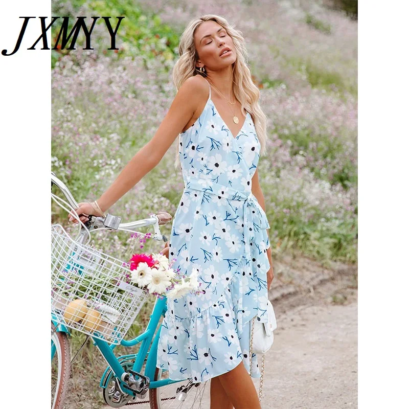 

Женская длинная юбка средней длины, повседневное пляжное платье с богемным принтом, V-образным вырезом, без рукавов, с оборками и шнуровкой, ...