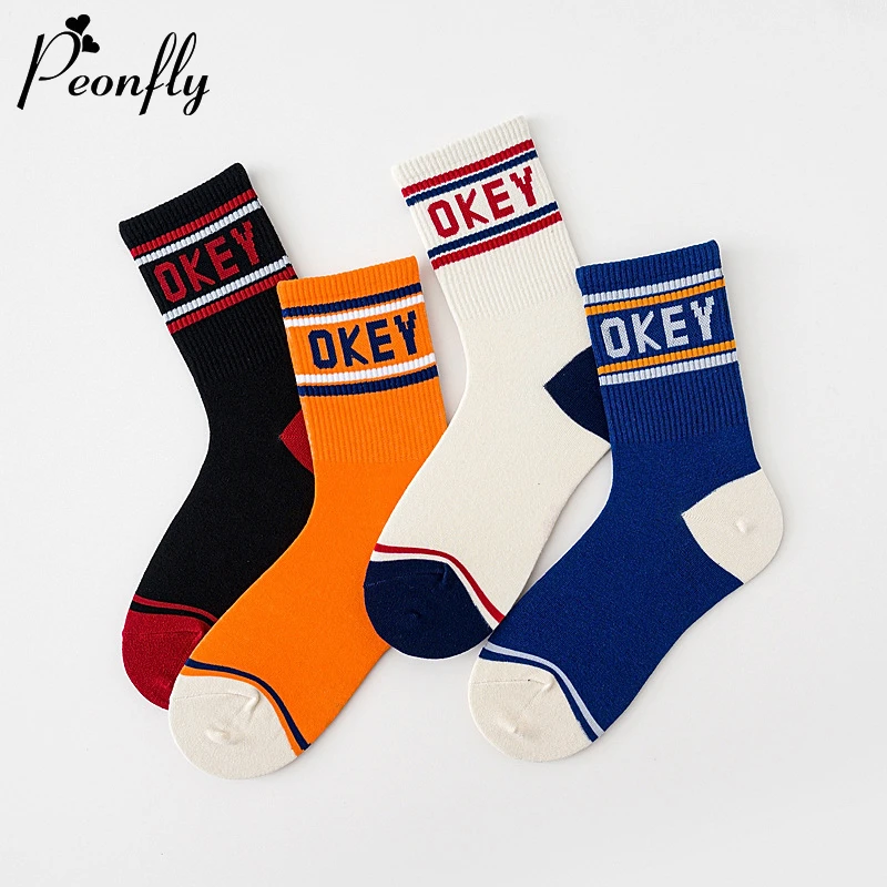 

Осенние женские носки PEONFLY, новинка 2020, смешные полосатые носки в стиле Харадзюку с надписью Okey, повседневные хлопковые носки для скейтборда...