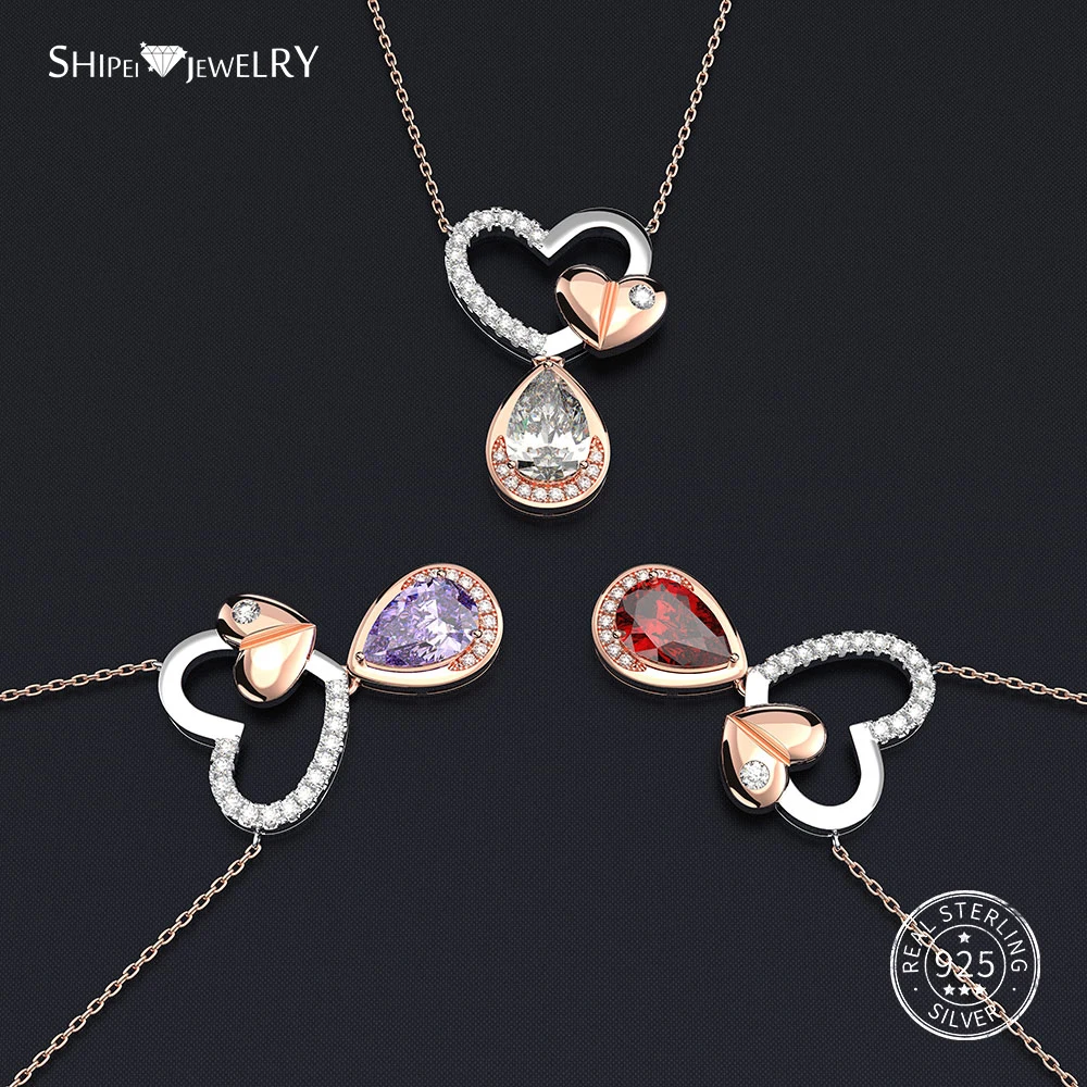 

Shipei 100% 925 Sterling Silver Fine Jewelry Double Heart Water Drop Pendant Wedding Heart Necklace for Women Anniversary Gift