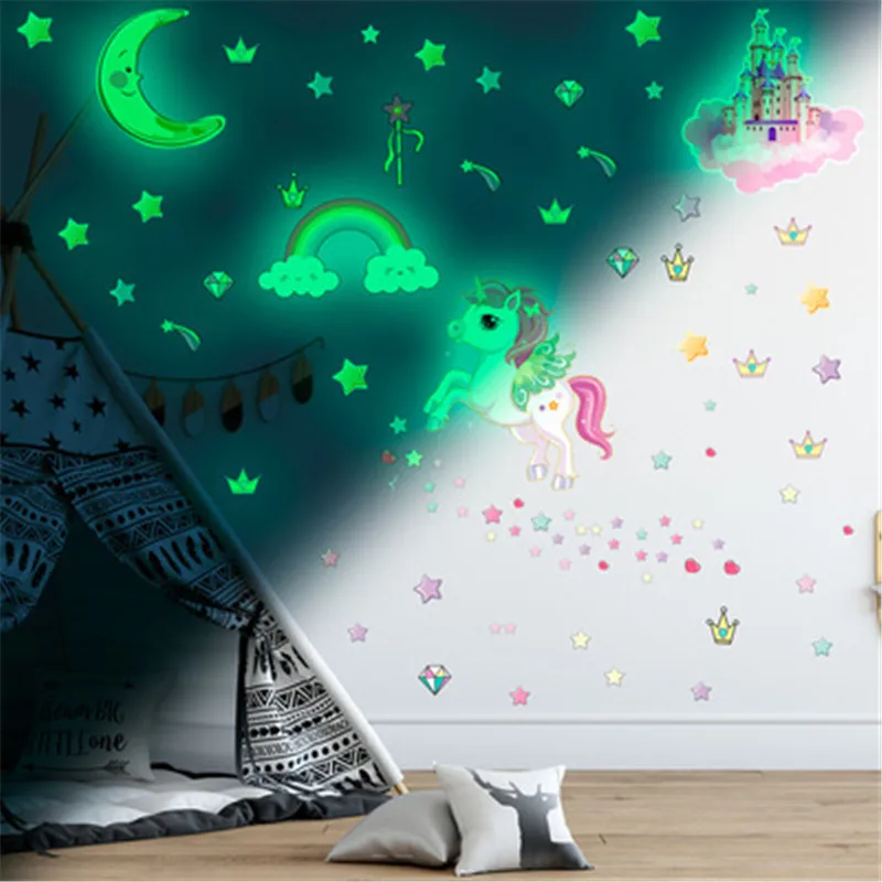 Luminous Unicorn Wall Stickers Glow In The Dark Stars Rainbow Unicorn Wall Decal For Kids Room Baby Bedroom Fluorescent Sticker