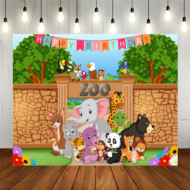 

Photo Studio Props Photography Backdrop Zoo And Animals In A Nature Cartoon Vinyl Background Kids Birthday Party Decoration
