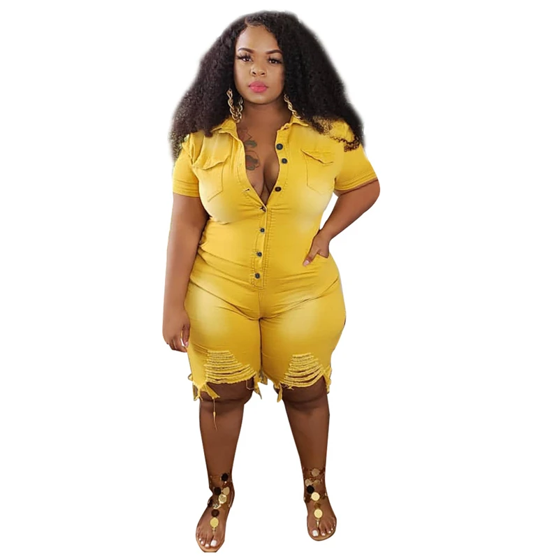 

Plus Size Clothing Jeans Jumpsuits Women L-5XL Short Sleeve Bodysuit Ripped Denim Shorts Jumpsuits Wholesale Dropshipping