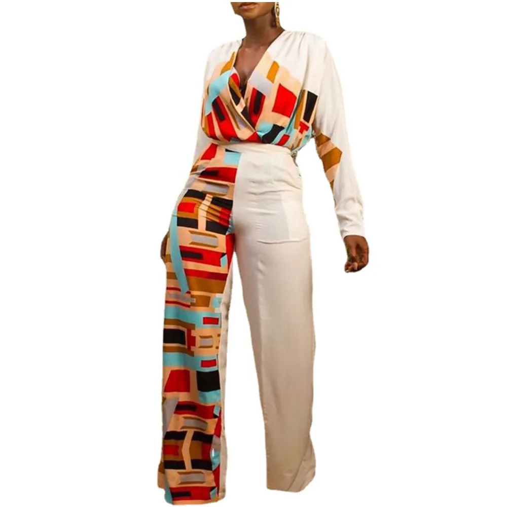 

New retro pattern abstract printing stitching fashion casual high-waist long sleeved tight-fitting wide leg office coveralls