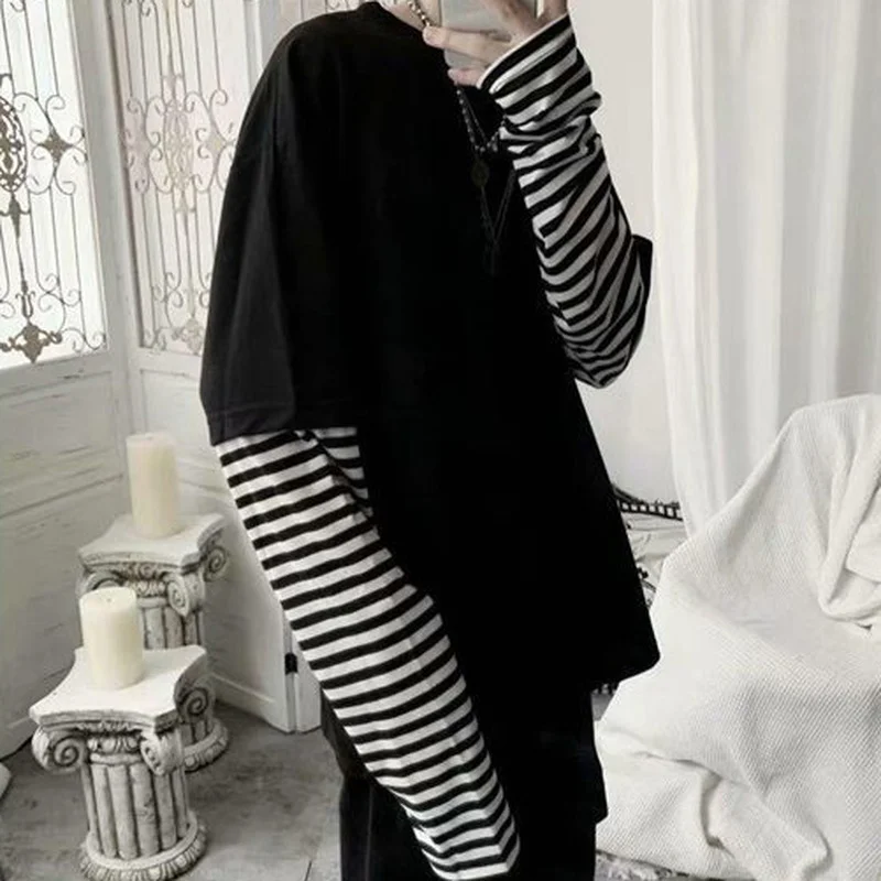Men Long Sleeve T-shirts Striped Patchwork Fake Two Piece Oversize Tees Harajuku Retro Hip-pop Undershirts Male Casual Outwear | Мужская