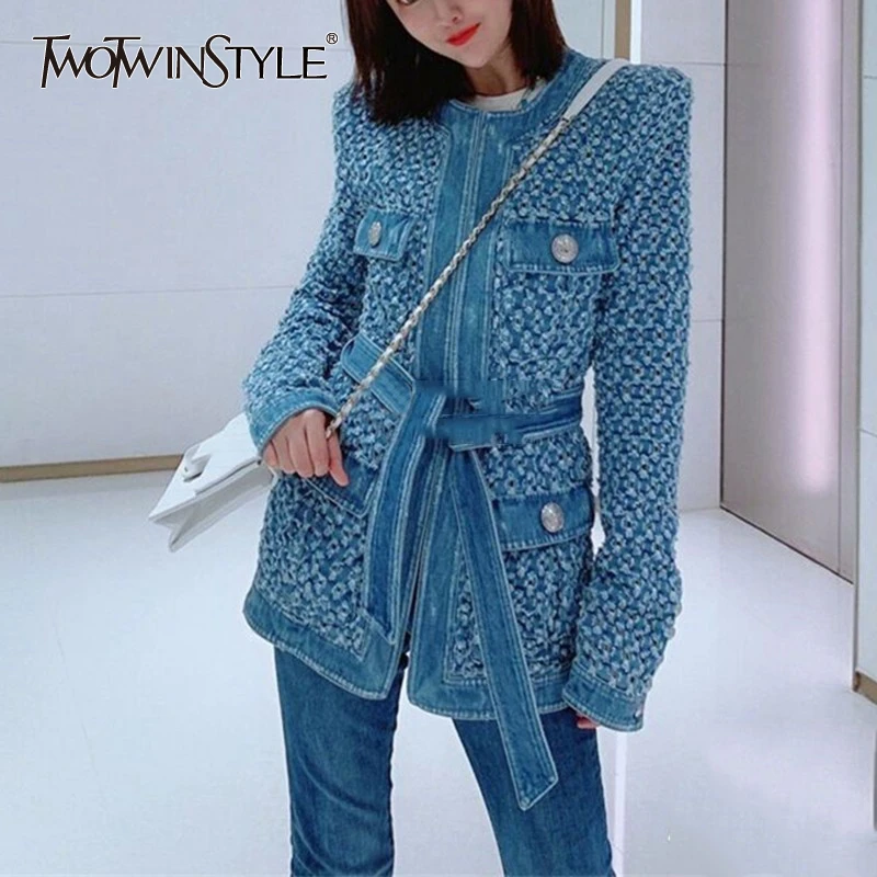 

Женская джинсовая куртка TWOTWINSTYLE, осенняя уличная куртка с круглым вырезом и длинным рукавом, с карманами, на шнуровке, 2020