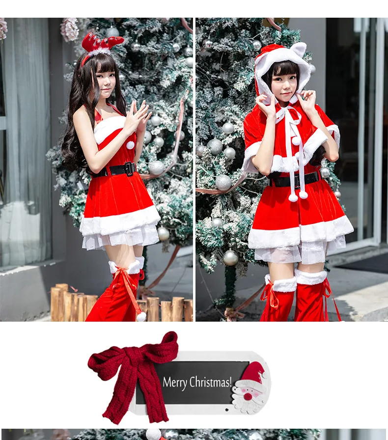 Christmas Velvet Red Dress Mrs Santa Claus Fancy Cloak Hoody Cape Set Women Holiday Cosplay Clothes Party Dress Xmas Outfit
