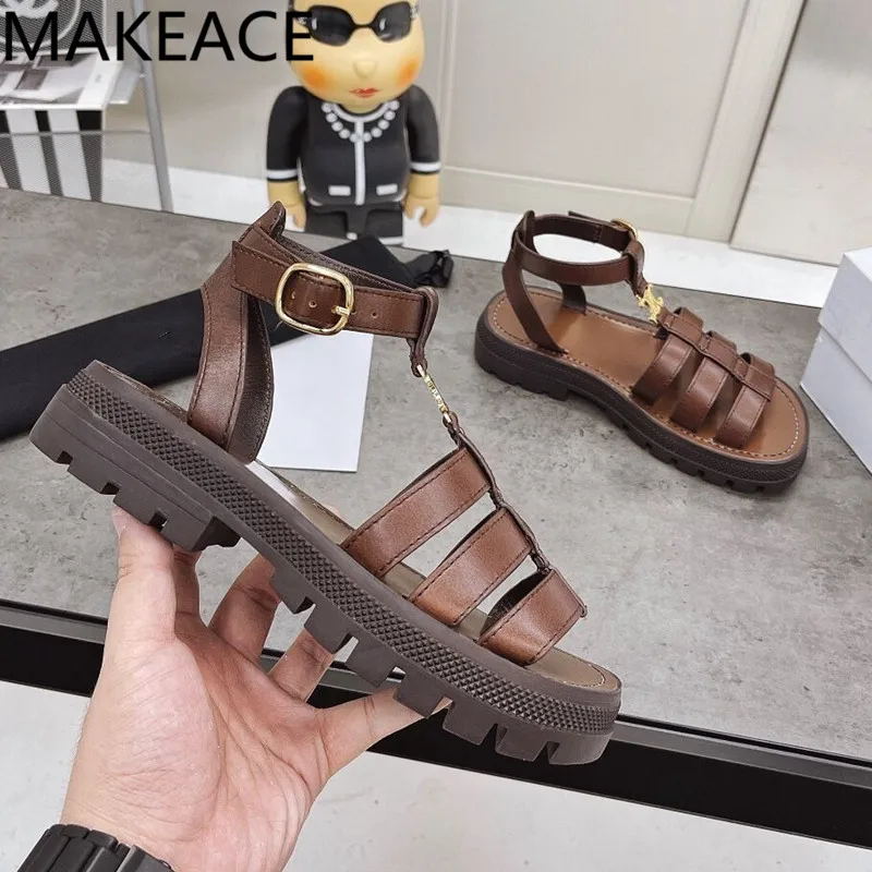 

New Summer Woman Metal Decorative T-strap Flat Sandals Women Brown Black Leather Open Toe Retro Woven Buckle Roman Sandals 2021
