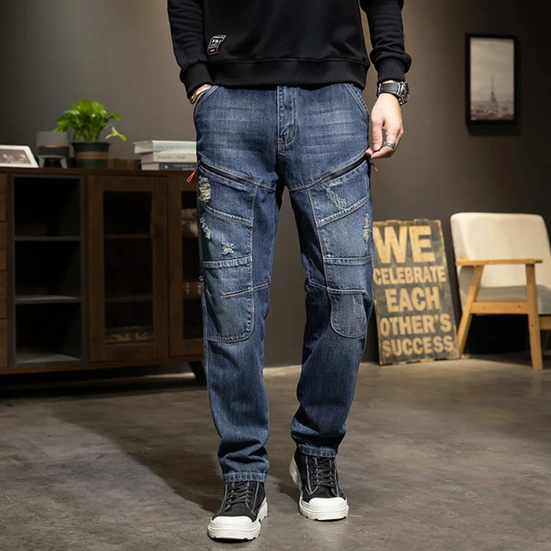 Men Jeans Straight Slim Trendy Personality Stitching Diagonal Pockets  Baggy Denim Pants