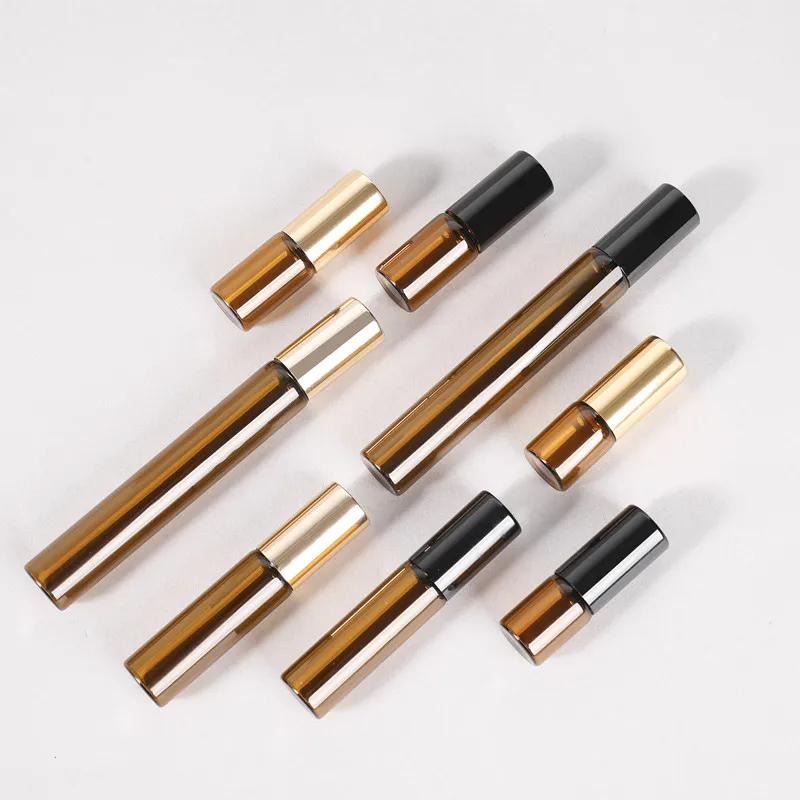 

2ML 3ML 5ML 10ML Amber Glass Roller Bottle Empty Mini Roll on Perfume Bottle Gold,Black cap Cosmetics Sample Tube Thin Vials