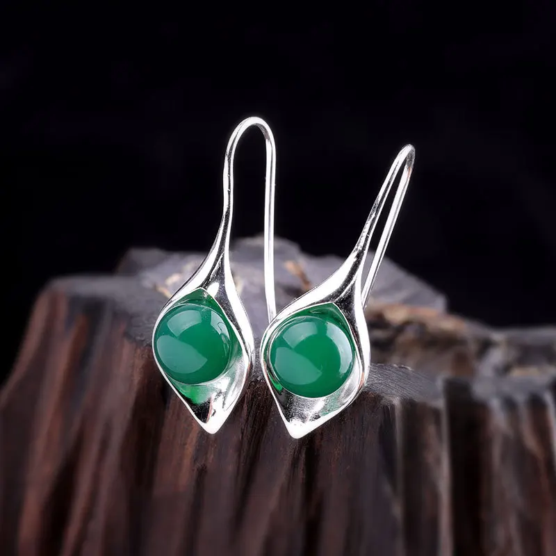 SA SILVERAGE простые серьги серебро 925 пробы хипстер зеленые из халцедона красный