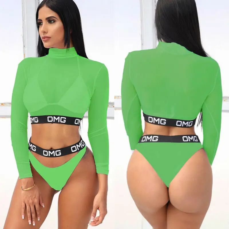 Комплект бикини женский из 3 предметов с длинным рукавом и сетчатым