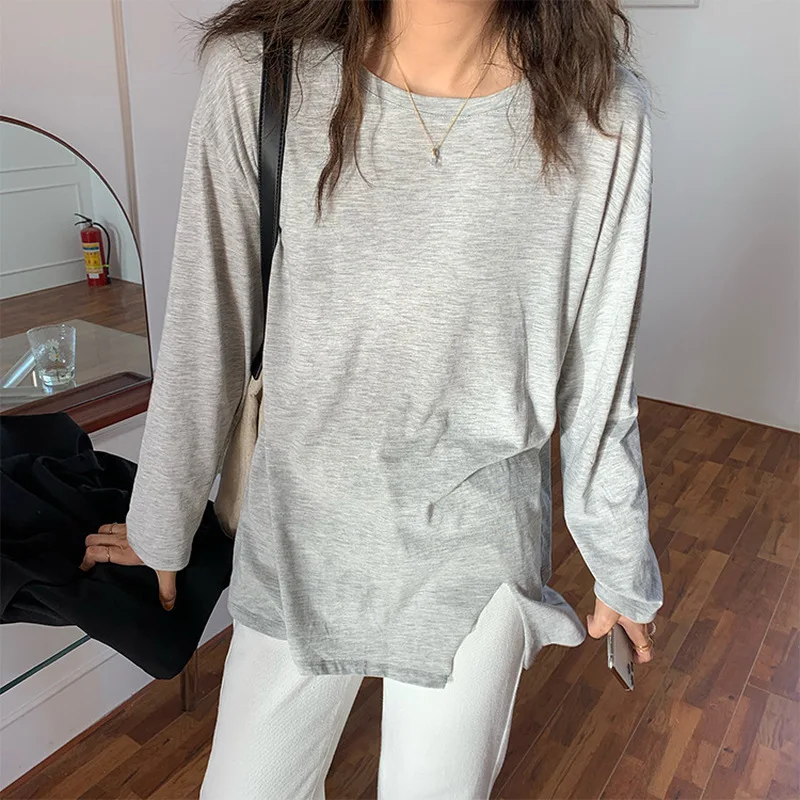 

Solid Split T-shirt Woman Korea O-Neck Loose Long Sleeve Tees Women Simple Spring Autumn Slim Women's T-shirt 2021