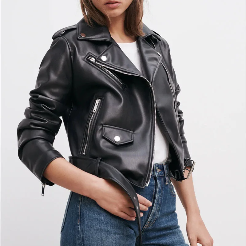 

Spring Autumn Faux Leather Short Jacket with Belt Women's Lapel Pu Leather Coat Black Zipper Moto Biker Outwear for Female