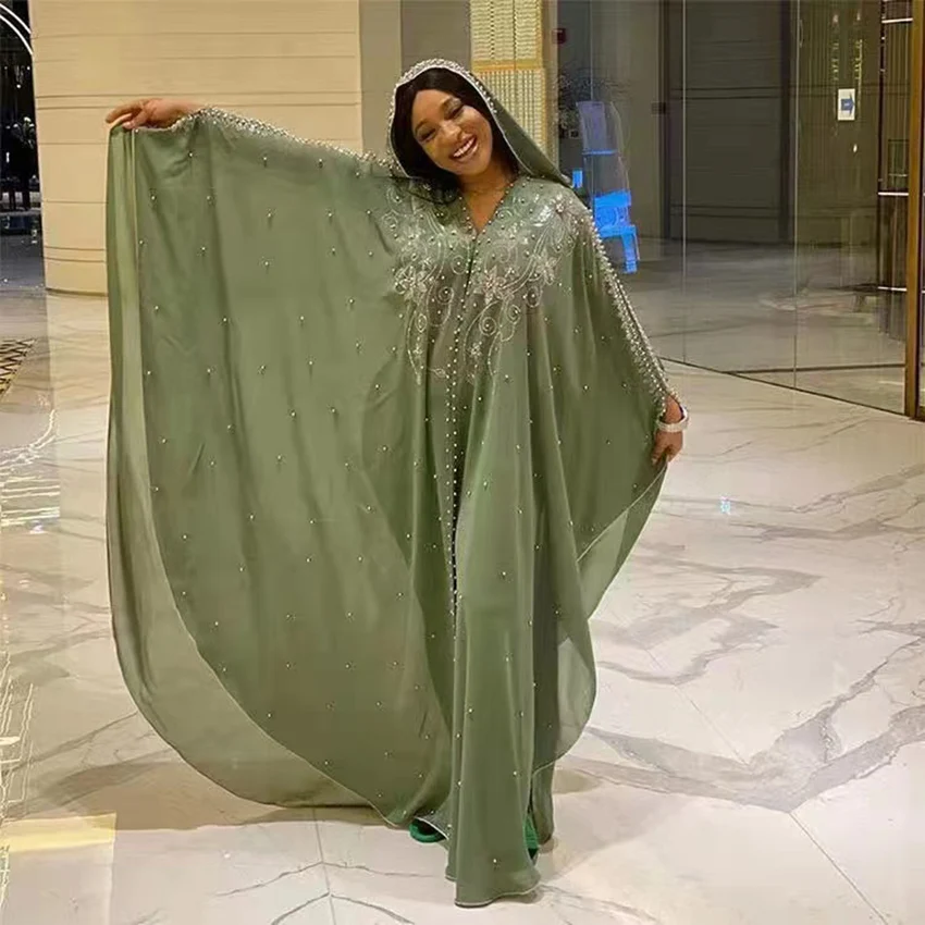 

Classical Muslim African Women's Dashiki Abaya Stylish Chiffon Fabric Nail Bead Set Auger Loose Skirt Bat Long Dress Free Size