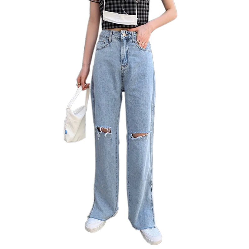 

High Waisted Women Ripped Korean Streetwear Jeans Fashion Wide Leg Casual Pants Blue Straight Ladies Denim New Summer 2021