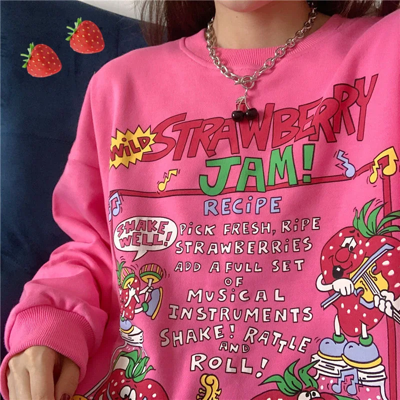 

FAKUNTN 2022 New Harajuku Retro Top Strawberry Print Hoodie Women Loose Streetwear Sweatshirt American Retro Oversized Pullover