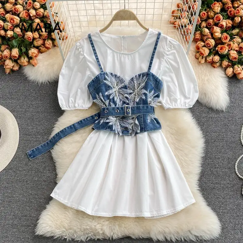 

Summer Gentle Women Dress Sets Appliques Denim Slim Waist Veat + O-neck Puff Sleeve Dresses Female Two Piece Suits Dress