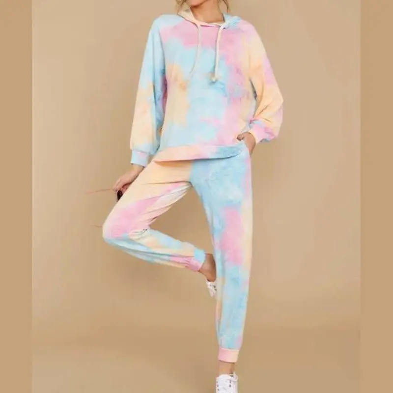

Womens Gradient Tie-Dye Printed Two Piece Tracksuit Long Sleeve Hooded Drawstring Sweatshirt Tops Jogger Pants Nightwear Loungew