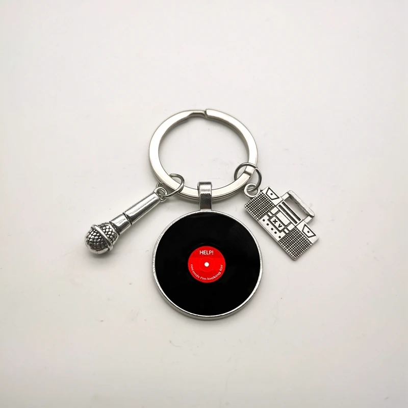 

Fashion Punk Music Record Keychain Silver Plated Alloy Convex Glass Clothes Charm Keychain Men's and Women's Gifts