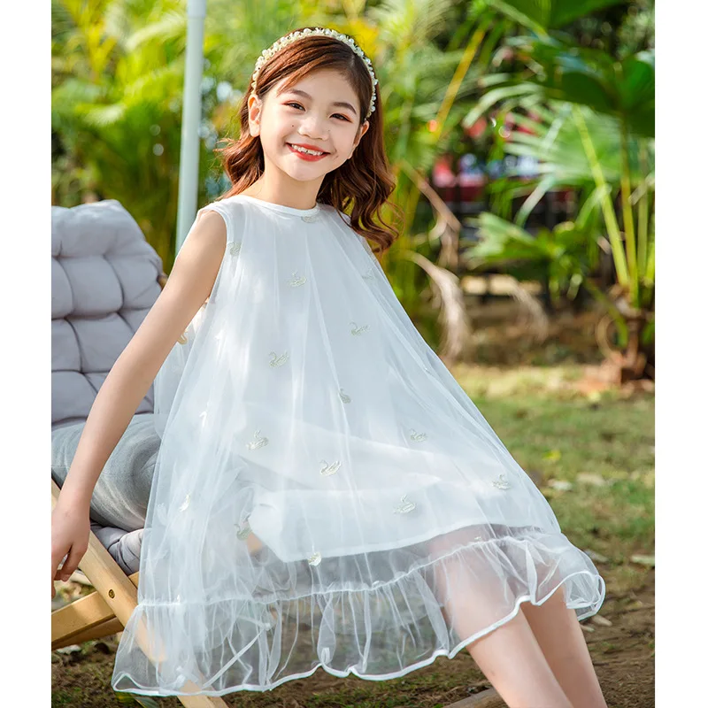 

Girls Casual Dresses Summer Fashion Floral Sleeveless Vest Dress Blue Mesh White Princess Dress Cotton Kids Dresses for Girls