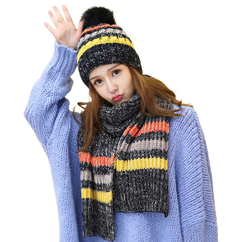

Women Winter Crochet Knit 2Pcs Beanie Hat Long Scarf Shawl Wrap Set Contrast Color Striped Plush Lined Pompom Skull Cap