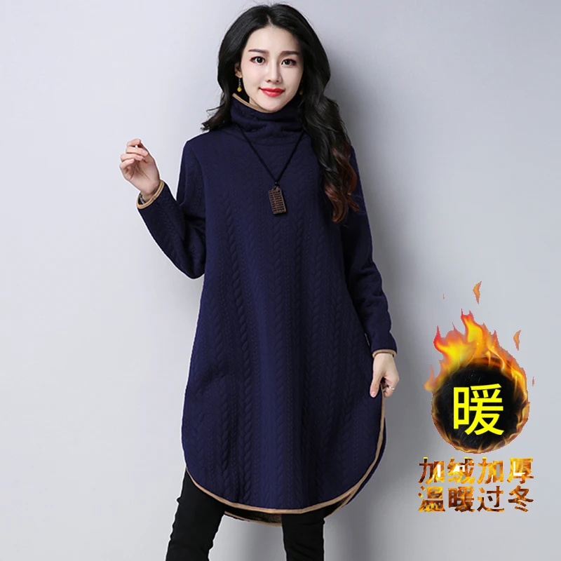 Women's winter dress 2019 High collar A-line Thicken velvet plus-size Fashion Retro keep warm loose casual | Женская одежда