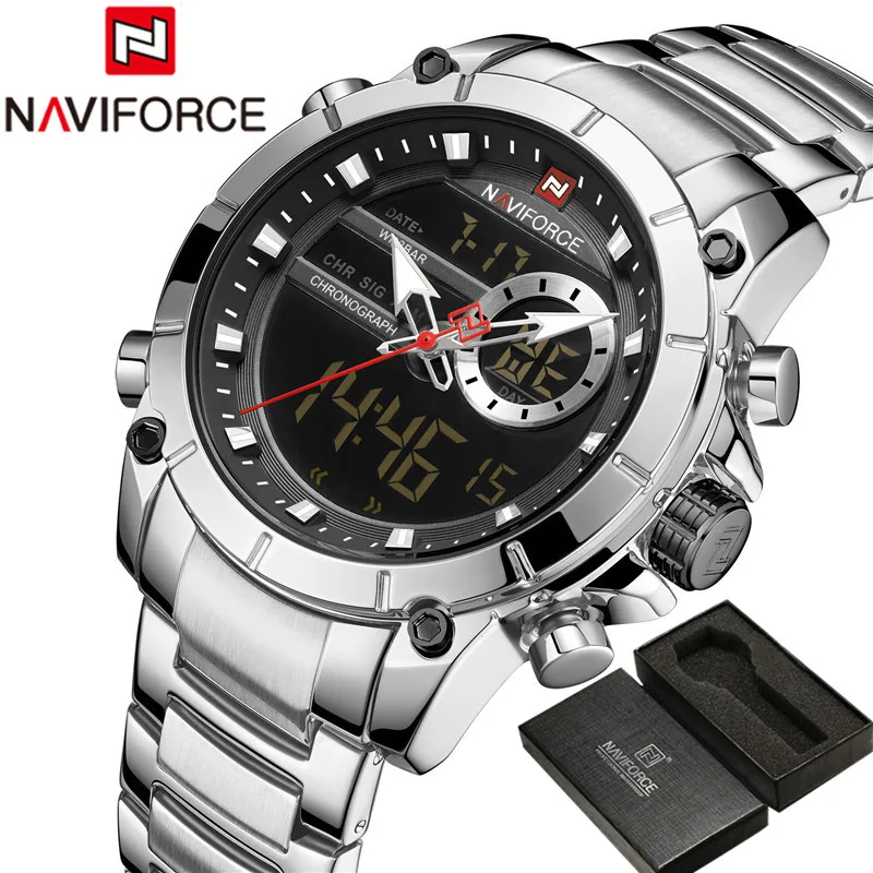 NAVIFORCE Топ бренд класса люкс мужские водонепроницаемые кварцевые цифровые светодиодные Мужские часы Военные Спортивные из нержавеющей стали мужские наручные часы 9163