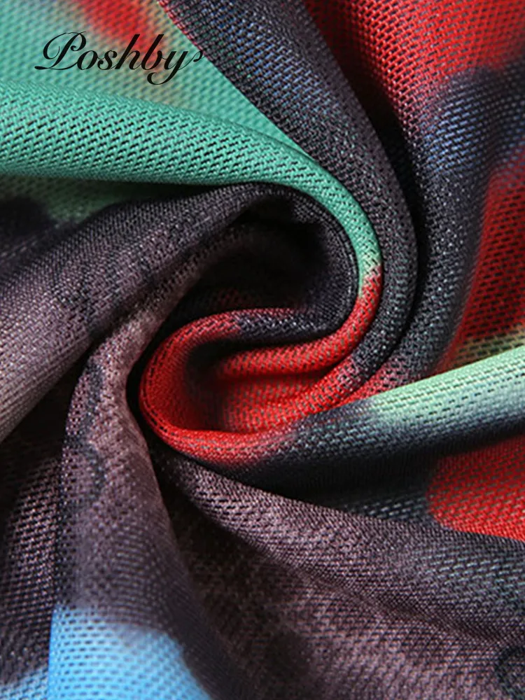 

Poshby Women Summer Colorful Print Club Dress Sexy Halter Hollow Out Front Drawstring Stretch Bodycon Mini Dress 2021 Streetwear