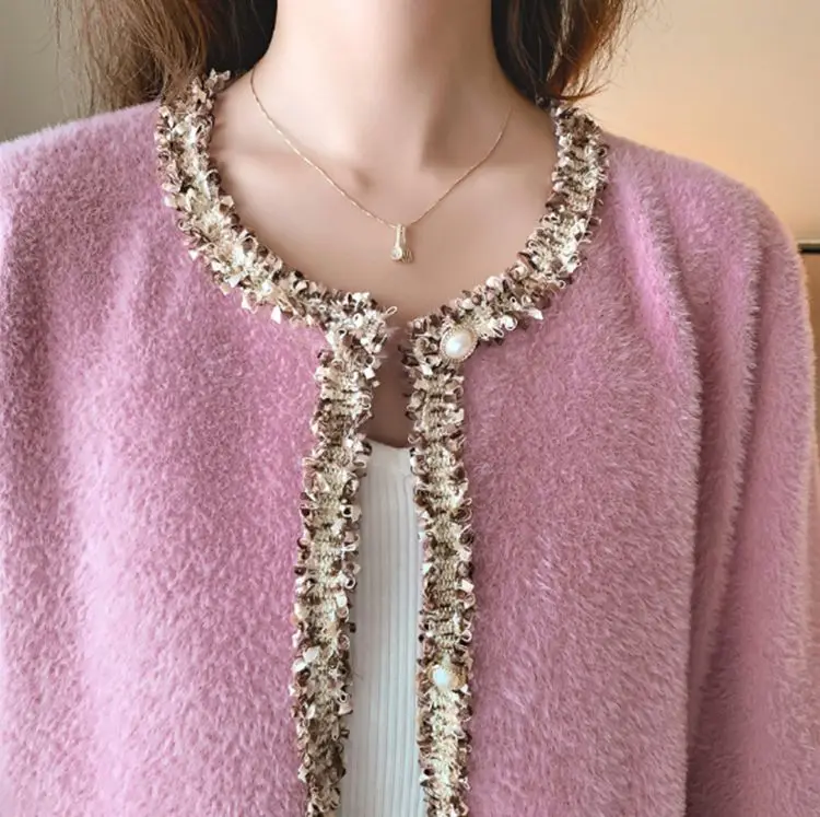 

Sweater Jacket Female Small Fragrant Round Neck Lace 2020 Autumn And Winter Western Style Mink Fleece Cardigan Trend