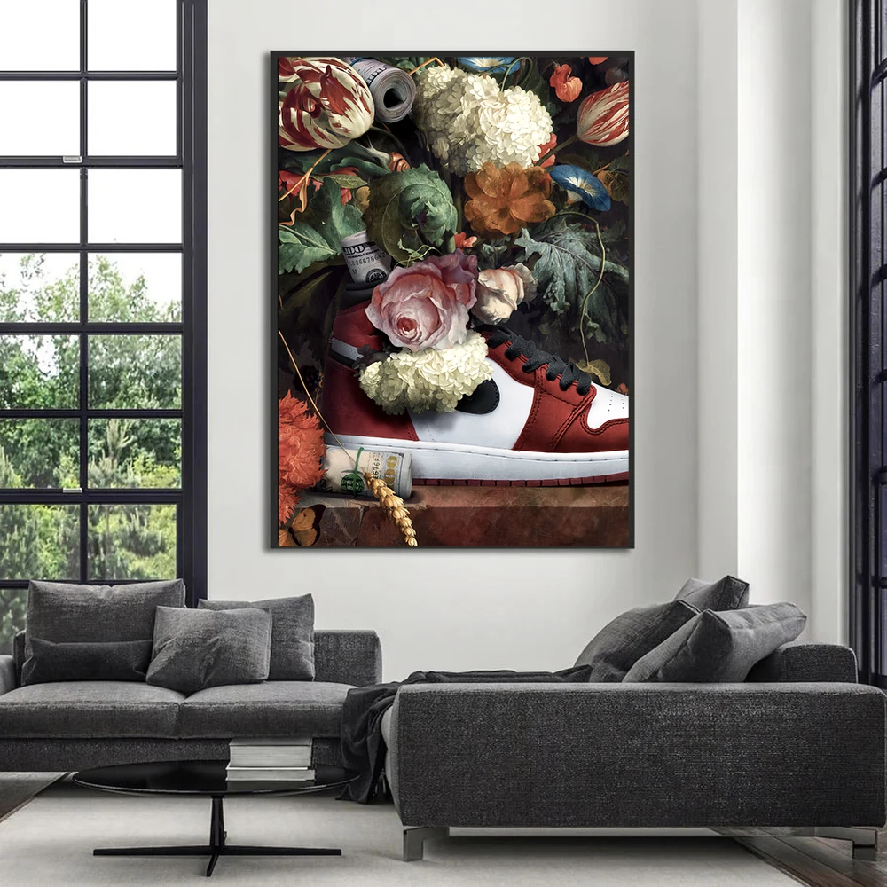 

Abstract Luxury Canvas Painting Flower Shoes Wall Art Posters Prints Flower Wall Picture for Room Home Decoration Cuadros