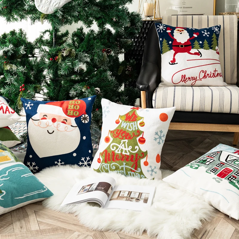 

Christmas Decoration Cushion Cover Christmas Tree Santa Pillow Case Cotton Square Embroidery Pillow Cover 45x45cm 18inch