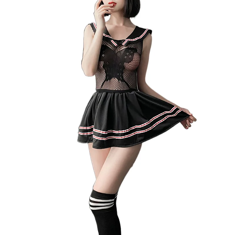 

Adult Women Sexy Lingerie Student Uniform Erotic Butterfly Maid Dress Schoolgirl Cosplay Costumes Sheer Mesh Minidress Nightclub