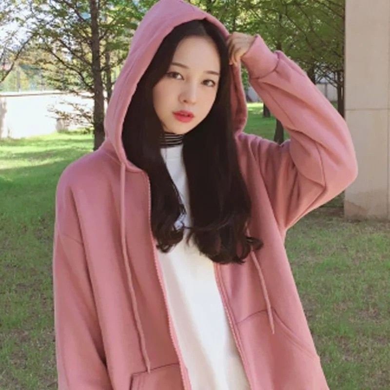 

Kpop Long Sleeve Oversized Dalian Cap Pullover Ladies Casual Zipper Jacket Loose Top Women 2021Ladies Korean Hoodie