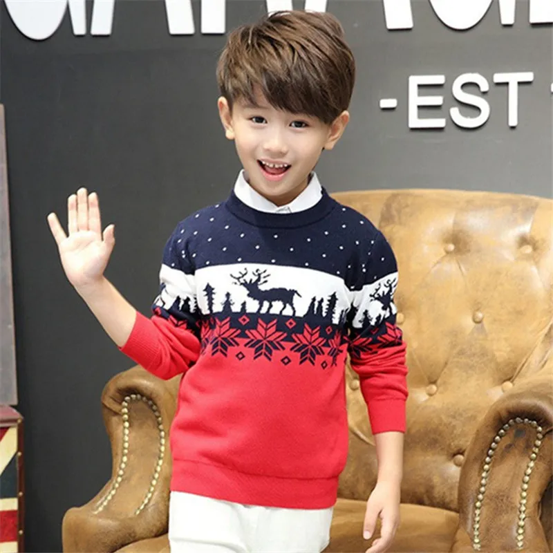 

Рождественский свитер для мальчиков, зима 2020, детская одежда с принтом лося, вязаный двухслойный теплый хлопковый Детский свитер с длинными...