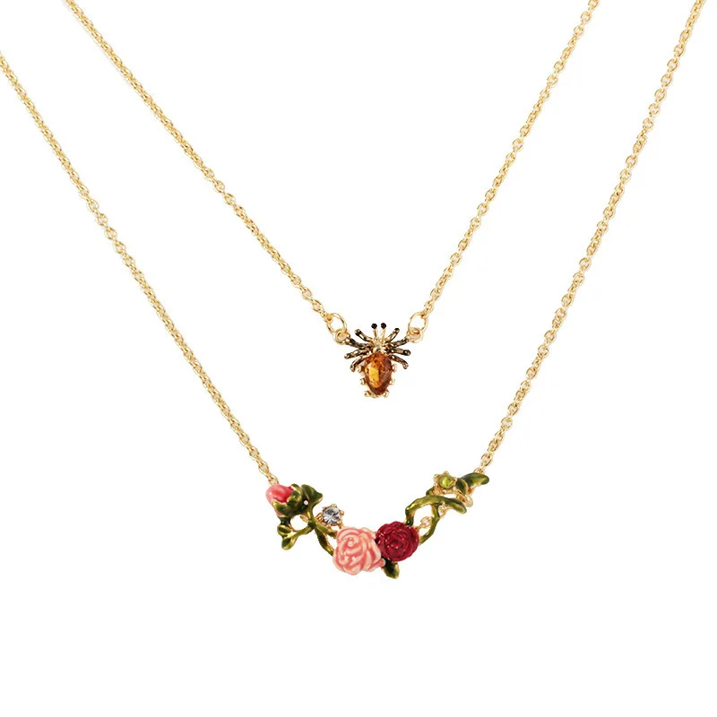 

New Wild Rose Series Enamel Glaze European and American Fashion Personality Rose Gem Spider Double Necklace Luxury Sweater Chain