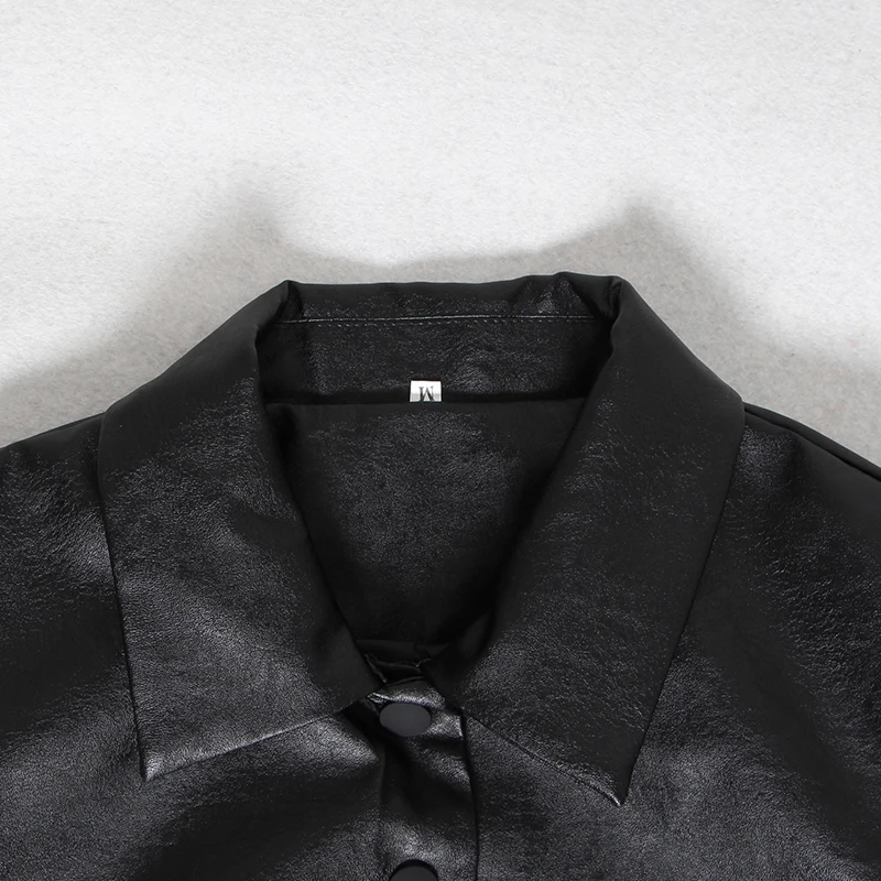 

TWOTWINSTYLE Black PU Leather Women's Jacket Lapel Collar Puff Sleeve Single Breasted Jackets Female 2020 Autumn Fashion OL New