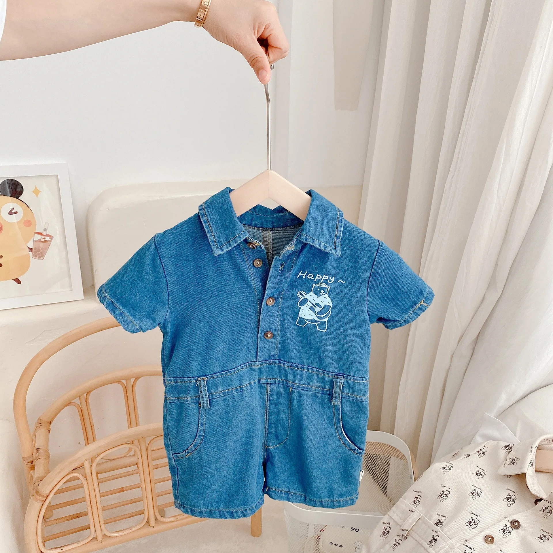 

Summer 2021 Boys girls cartoon denim short sleeve jumpsuits Korean style children Turn-down Collar loose bodysuits